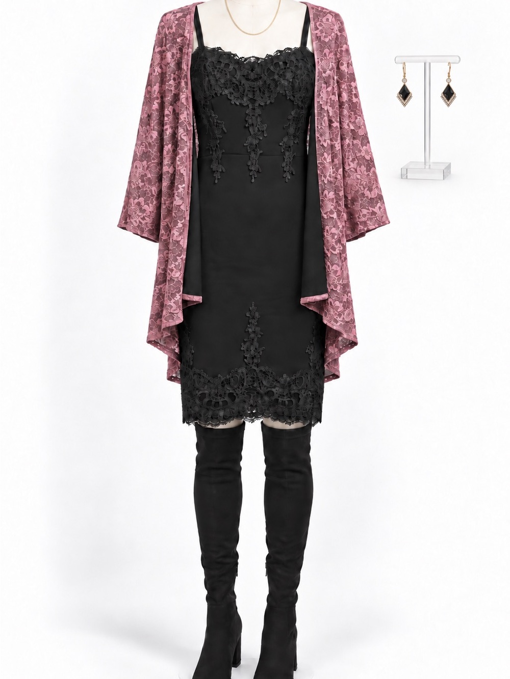 Women’s Large Gothic 5-Piece Outfit Bundle Lace Dress Kimono Boots Sz 9 Jewelry